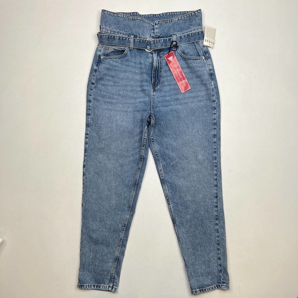 Guess Reda Fold Over High Waist Straight Leg Jeans Belted Medium Wash - Picture 1 of 12